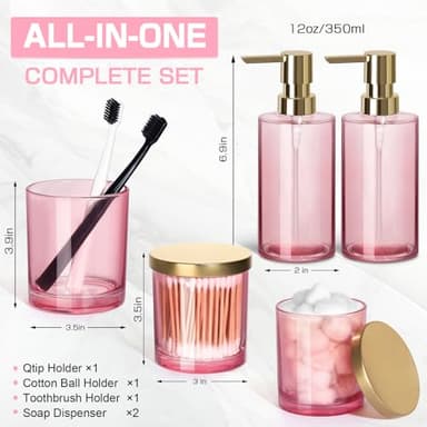 ALPIRIRAL Pink Bathroom Accessories Set, 5 Pcs Pink Glass Bathroom Set, Soap Dispenser and Toothbrush Holder Set, Qtip Holder and Cotton Ball Holder, Modern Bathroom Decor Sets, Bathroom Sink Set - Image 2