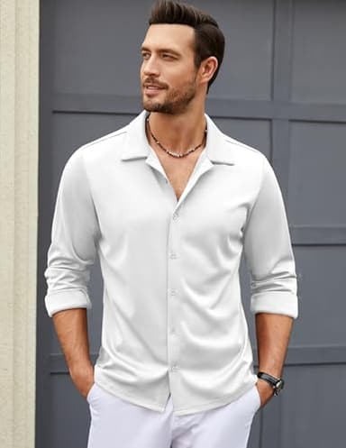 COOFANDY Men's Long Sleeve Button Down Wrinkle Free Dress Shirt Business Casual Untucked Stretch Muscle Fit Shirts White - Image 3