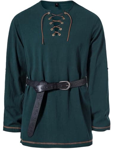 JEMITOP Men's Renaissance Costume Retro Lace Up Shirts for Pirate Viking Medieval Vampire Halloween Cosplay Without Belt Dark Green L - Image 2