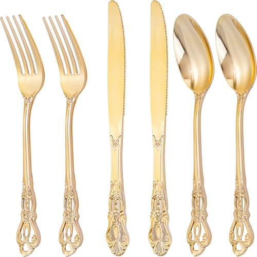 Joyido 300Pieces Gold Plastic Silverware - Heavy Duty Gold Disposable Utensils - Vintage Plastic Cutlery Set Includes 100 Forks, 100 Spoons, 100 Knives for Dinner Parties Weddings - Image 1