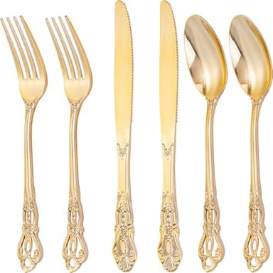 Joyido 300Pieces Gold Plastic Silverware - Heavy Duty Gold Disposable Utensils - Vintage Plastic Cutlery Set Includes 100 Forks, 100 Spoons, 100 Knives for Dinner Parties Weddings - Image 1