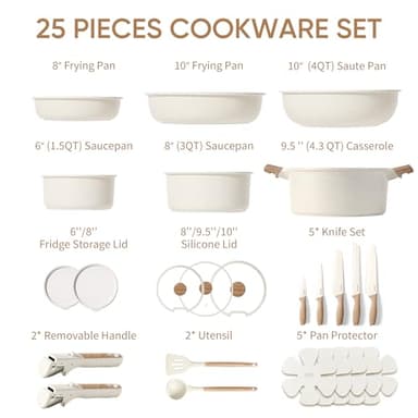 CAROTE 25pcs Pots and Pans Set Non Stick, Cookware Sets, Kitchen Set, Oven/Dishwasher/Fridge Safe, Space Saving Pots Set, Nonstick Set with Versatile Detachable Handle with Knife Set, Cream - Image 2