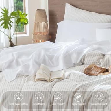 MooMee Bedding Sheet Set 100% Washed Cotton Linen Like Textured Breathable Durable Soft Comfy (Solid Bright White, Queen) - Image 4