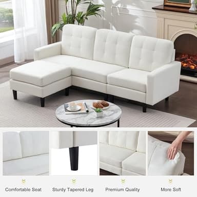 VECELO Convertible Sectional Sofa, Modern Linen Fabric L-Shaped Couch with Reversible Chaise for Living Room/Apartment/Office, White - Image 4