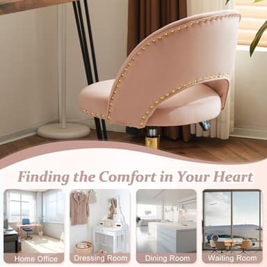 VINGLI Modern Velvet Small Office Chair,Cute Desk Chair with Wheels,Gold Base/Studs, Comfy Armless Swivel Vanity Task Chair for Women/Girl/Kids, Nail Tech Chair for Bedroom,Small Space,Pink - Image 6