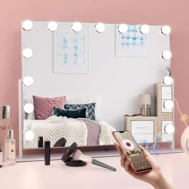 MISAVANITY Vanity Mirror with Lights and Speaker 360 Degree Rotating Hollywood Lighted Makeup Mirror with 15 Dimmable LED Bulbs 3 Color Lighting USB Charge Port for Dressing Room and Bedroom, White - Image 1