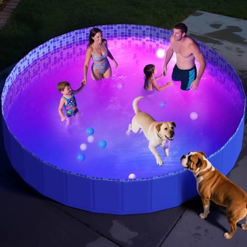 Foldable Dog Pool with RGB LED Light, 94" Collapsible Hard Plastic Kiddie Swimming Pool with Remote for Small Medium Large Doggie Kitty Puppy, Pet Bathing Tub Wading Pool for Dogs Blue - Image 1