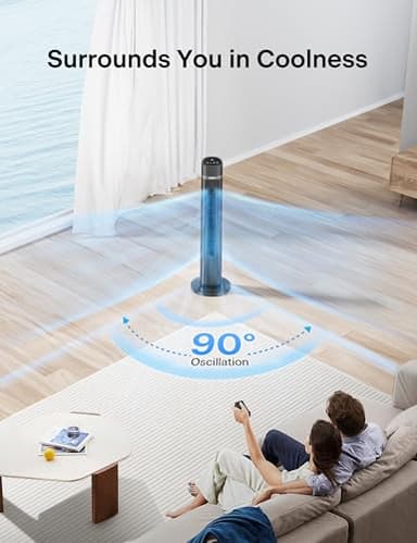 PELONIS 40 inch Bladeless Tower Fan for Bedroom, Standing Fan with Remote Control, 26ft/s, 90° Oscillation, 3 Speed Settings, 27 Db, 3 Modes, 15-Hour Timer, LED Display, Fan that Blows Cold Air, Grey - Image 5