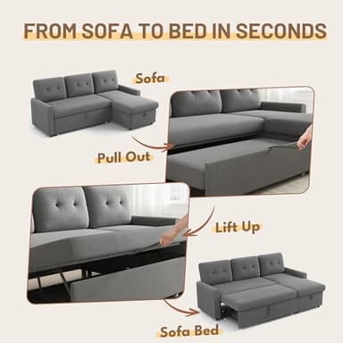 IULULU Sleeper Sofa, L Shaped Sectional Couch with Pullout Bed, Reversible Storage Chaise, 2 in 1 Pull Out Couches for Living Room, Apartment, Medium Grey - Image 6