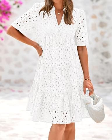 BTFBM Womens Boho Summer Dresses 2025 Resort V Neck Short Sleeve Hollow Out Lace Ruffle Casual Beach Mini Vacation Dress(White, Large) - Image 7