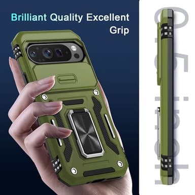 DEERLAMN Case for Google Pixel 9 Pro XL with Slide Camera Cover+Screen Protector(1 Pack), Rotated Ring Kickstand Military Grade Shockproof Protective Cover-Olive Green - Image 7