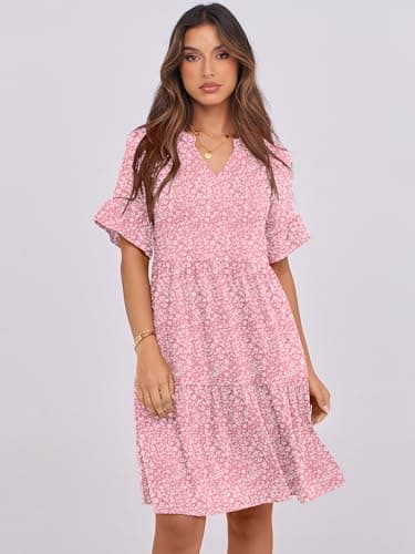 ANRABESS Womens Summer 2025 Trendy Ruffle Short Sleeve V Neck A Line Tiered Flowy Loose Casual Mini Beach Dress with Pockets Pink Floral XX-Large - Image 2