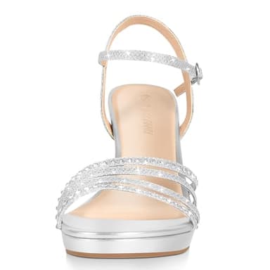 PIZZ ANNU Lena Women's Platform Heels High Block Chunky Sparkly Rhinestone Glitter Open Toe Ankle Strap Fashion Dress Pump Sandals Shoes, Silver 6 - Image 2