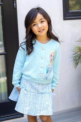 Disney Frozen Elsa Toddler Girl 2 Piece Outfit Blue Long Sleeve Snowflake Print Pearl Button Knit Top & Tweed Skirt Set Birthday Elegant Dress 5-6Y - Image 6