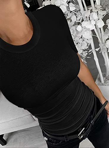 Womens Crewneck Short Sleeve Ribbed T-Shirt Slim Fit Tops Solid Basic Tee Black - Image 3