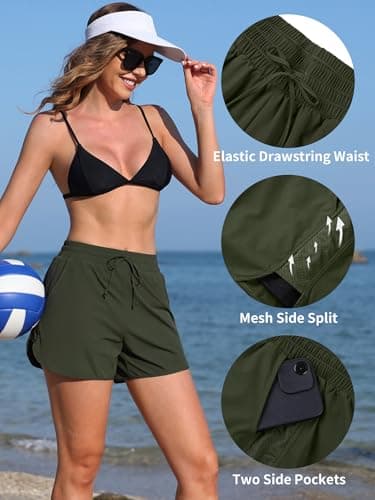 ATTRACO Board Shorts for Women Mesh Side Swim Shorts High Waist Water Shorts Drawstring Dark Green L - Image 4