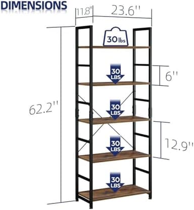 NUMENN 5 Tier Bookshelf, Tall Bookcase Shelf Storage Organizer, Modern Book Shelf for Bedroom, Living Room and Home Office, Vintage - Image 5