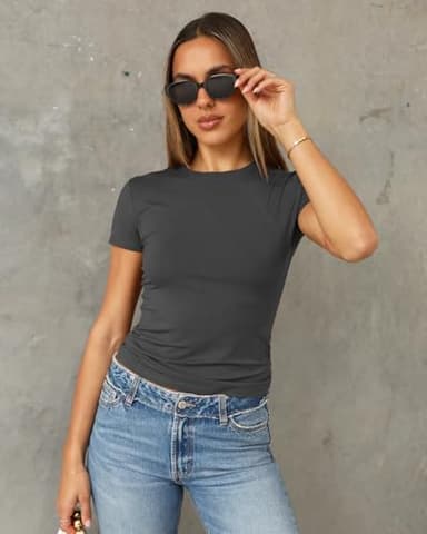 Abardsion Women's Casual Basic Going Out Crop Tops Slim Fit Short Sleeve Crew Neck Tight T Shirts 2025 (Deep Grey, M) - Image 2
