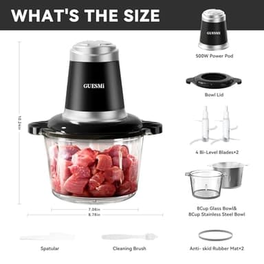 Food Processors, Powerful 500W Food Chopper Meat Grinder & Veggie Chopper with 2 Bowls(8 Cup+8 Cup) & 2 Bi-Level Blades with Electric Food Copper Motor -Vegetable, Onion, Garlic, Meat, Nuts - Image 7