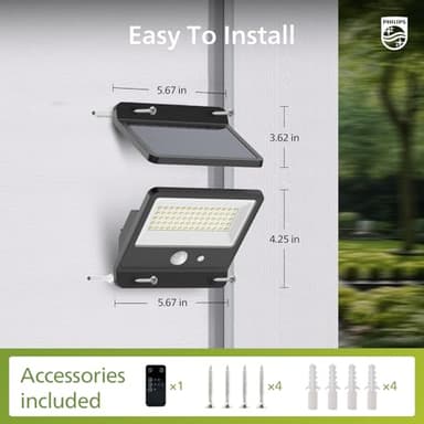 Philips Solar Security Light Outdoor LED 6500K, Solar-Powered Flood Light w/PIR Motion Sensor, Remote Control w/16ft Cable, IP65 Waterproof, 3 Modes (2) - Image 4