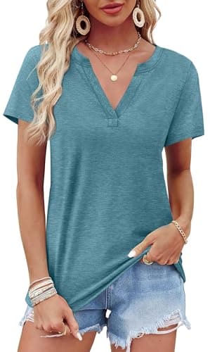 WEESO Blouses for Women Dressy Casual Summer Tops 2025 Shorts Sleeve V Neck T Shirts Business Casual Outfits Spring Clothes Loose Fit Soft Tee Shirts Green L - Image 3
