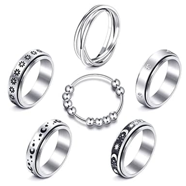 MUCAL Fidget Rings for Anxiety 8pcs Stainless Steel Spinner Ring Anti Spinning Moon Star Cool Stress Relieveing Women Men - Image 1