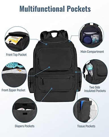 Mancro Diaper Bag Backpack, Multifunctional Dad Diaper Bag with 2 Side Insulated Pockets, Travel Water Resistant Baby Diaper Backpack for Men Women with Stroller Straps, Black - Image 5