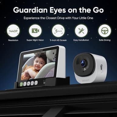 bonoch 5" 1440P Baby Car Camera - 360 Degree Rotating Wide View Backseat Rear Facing Mirror for Baby, USB Powered with Charger, Easy Setup Car Seat Monitor, Night Vision - Image 2