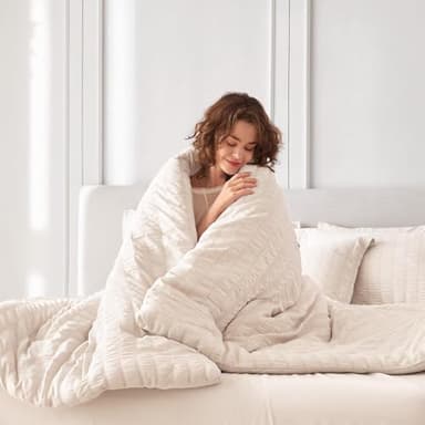 MUXHOMO 7 Pieces Queen Comforter Set, Seersucker Bed in a Bag Queen Size, All Season Luxury Bedding Set with Comforter, Flat Sheet, Fitted Sheet, Pillowcases & Shams, Beige - Image 8