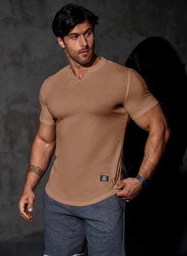 JMIERR Men's Muscle Shirt V Neck Slim Longline Short Sleeve Henley Shirt Gym Workout Athletic Tees Shirts Mens Tights for Sports,US 46(XL) A Brown - Image 2