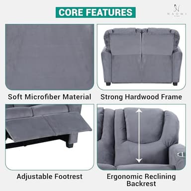 Naomi Home Suri Kids Recliner Loveseat with Cup Holders & Footrests, Gray Microfiber - Cozy 2-Seater Lounge for Children - Image 3