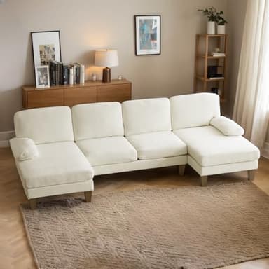 Karl home U-Shape Sectional Sofa Couch 111" Modern 4-Seat Sofa with Chaises Chenille Fabric Upholstered Covertible Couch with Wood Grain Legs for Living Room, Reception Room, Apartment, Beige - Image 1