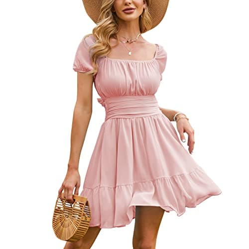 EXLURA Women's Tie Back Square Neck Short Puff Sleeve Casual Dresses A Line Sundress Mini Dress Pink - Image 1