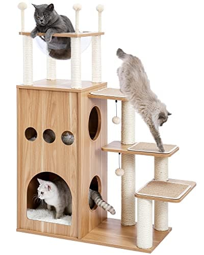 Made4Pets Modern Cat Tree for Large Cat, Wood Cat Tower Heavy Duty with Scratch Post for Indoor Big Cats, 51" Extra Tall Cat Condo Sturdy Frisco Castle with Clear Bowl for Kittens Maine Coon 20Lbs - Image 1