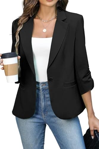 ELLEVEN Womens Blazer Business Casual Suit Jacket Slim Fit Fitted Ruched 3/4 Sleeve Petite Crop Blazer Dressy Full Lining Lightweight Outfits Coat Cardigan with Padded Shoulder Black XX-Large - Image 1