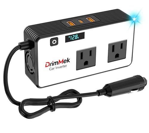 DrimMek 200W Car Power Inverter, Car Plug Adapter Outlet 12V to 110V Converter with 24W USB Fast Charging Port, Dual AC Outlet for Laptop, Vehicles, Camping (LED Display) - Image 1