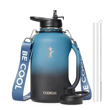 64 oz Water Bottle Insulated with Handle, Coolflask Half Gallon Water Jug With Strap Straw Stainless Steel Double-Walled Vacuum Metal Large Flask Leakproof, Keep Cold 48 Hrs Hot 24hrs, Prussian Blue - Image 1