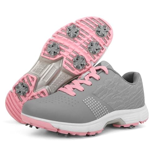 THESTRON Women's Golf Shoes Ladies Golf Sports Sneakers Spikes Women Golf Wears Spikeless Girls Golf Walking Sneakers Grey Pink - Image 1