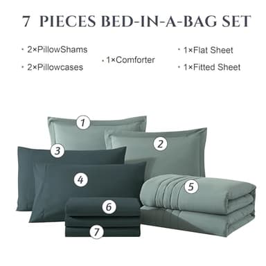 Monbix Queen Comforter Set - 7 Pieces Sage Green Bed in a Bag Queen Bedding Sets with Comforters, All Seasons Comforter Bed Set with Sheets,Pillowcases & Shams - Image 6
