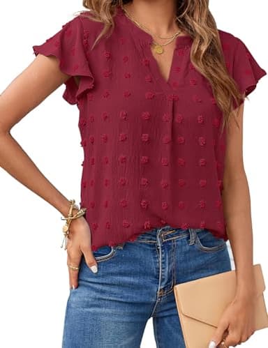 MEROKEETY Women Short Sleeve Notched V Neck Blouse Summer Casual Swiss Dot Boho Solid Top WineRed Large - Image 1
