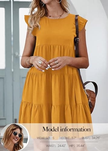 KIRUNDO Women's Casual Dresses 2025 Summer Sleeveless Ruffle Sleeve Round Neck Loose Short Flowy Tiered Pleated Mini Dress (Dark Yellow, X-Large) - Image 2