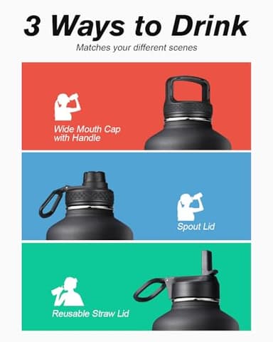 64 oz Water Bottle Insulated with Straw & 3 Lids, Coolflask Large Metal Stainless Steel Water Jug Big Half Gallon Wide Mouth for Sports, Gym or Office, Non-BPA Keep Cold 48H Hot 24H, Magic Black - Image 4