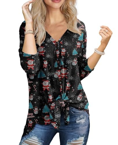 IWOLLENCE Women's Santa Waffle Knit Batwing Long Sleeve Henley Blouse Tie Front Knot Button Down Tops Loose Tunic Shirt Black Christmas Tree, M - Image 1