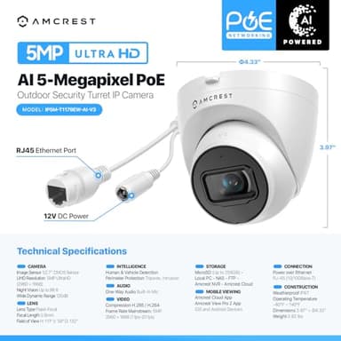 Amcrest 5MP Turret POE Camera, UltraHD Outdoor IP Camera POE with Mic/Audio, 5-Megapixel Security Surveillance Cameras, 98ft NightVision, 132° FOV, MicroSD (256GB), (IP5M-T1179EW-AI-V3) - Image 7