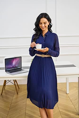 AbleTree Pleated Work Dress for Women Long Sleeve Midi Collared Dresses for Office Business Casual Church Navy Blue - Image 7