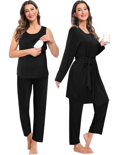 SWOMOG Maternity Nursing Robe Set 3 PCS Women Postpartum Pajamas Breastfeeding Labor Delivery Hospital Pregnancy Pjs (Black, Medium) - Image 2