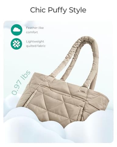 BAGSMART Tote Bag for Women, Puffy Tote Bag with Zipper, Large Quilted Shoulder Bag with Compartments for Travel, Work, Gym (Grayish Brown) - Image 3