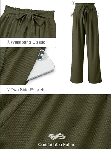 Heymoments Women's Wide Leg Lounge Pants with Pockets Dark Green Stripe Large Lightweight High Waisted Adjustable Tie Knot Loose Comfy Casual Trousers - Image 2