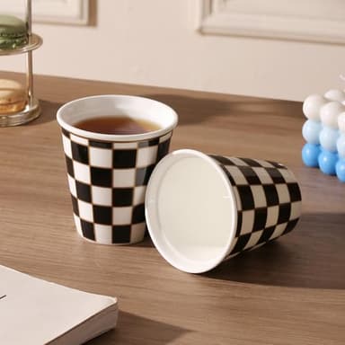 Porlien Checker Porcelain Cup Set of 4 (2 of 6-ounce Coffee Mugs and 2 of 13-ounce Cups) for Coffee Tea Cappucino, Handless Ceramic Mugs for Family - Image 5