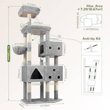Globlazer Extra Large Cat Tower, 81-inch Tall Cat Tree for Big Cats 20 lbs, XXL Heavy Duty Cat Scratching Tower for Indoor Adult Cats with 3 Cat Condos, 8 Scratching Posts, F81, Light Grey - Image 7